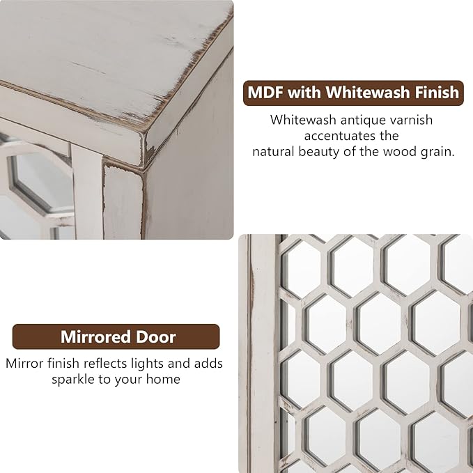 COSIEST 31.5" W Sideboard Buffet Cabinet with Mirrored Doors and Adjustable Shelf, Kitchen Storage Cabinet with Sliding Doors for Dining Room, Hallway, Living Room (White, Honeycomb Pattern)