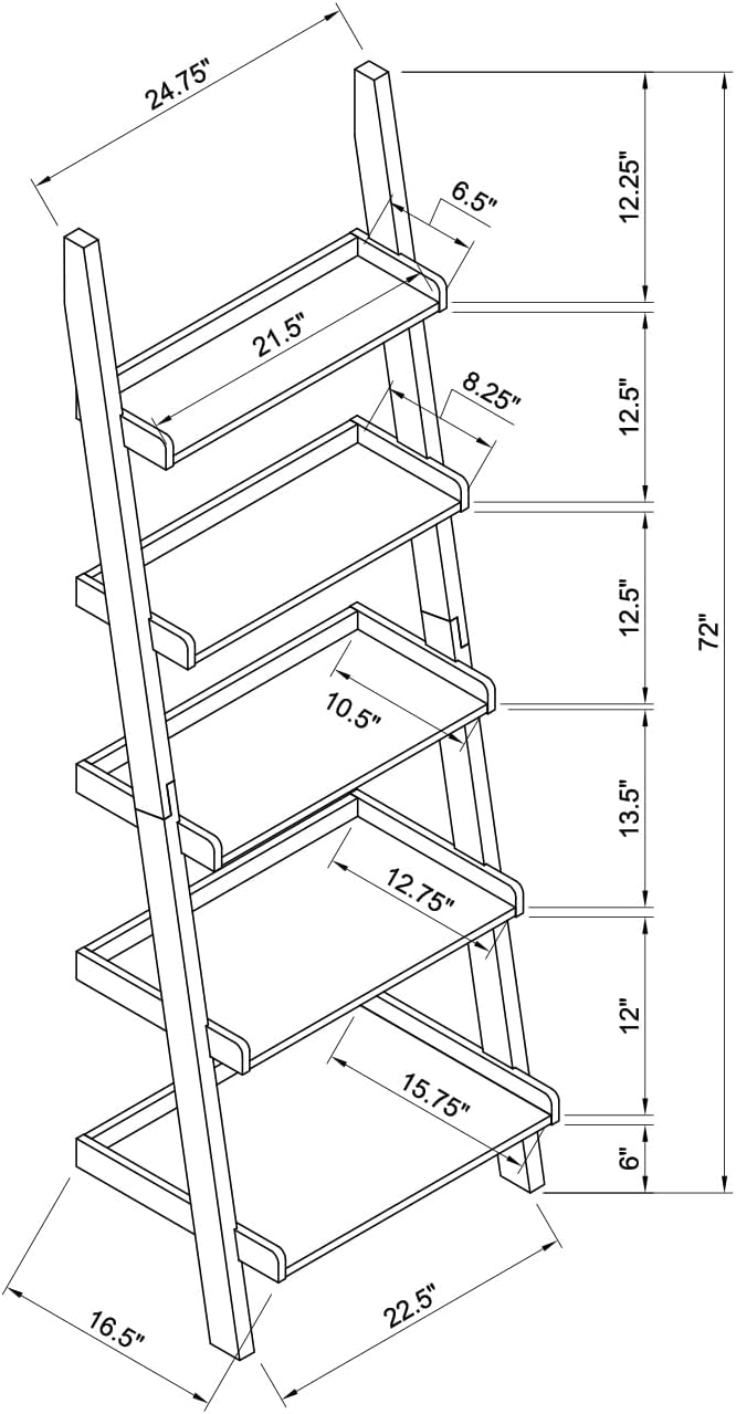 5-Tier Leaning Bookcase, 72" Wooden Narrow Ladder Shelf with 3 Sided Surround Baffle, Leaning Wall Organizer Storage Shelves for Living Room, Bedroom, Home Office (Espresso-01)