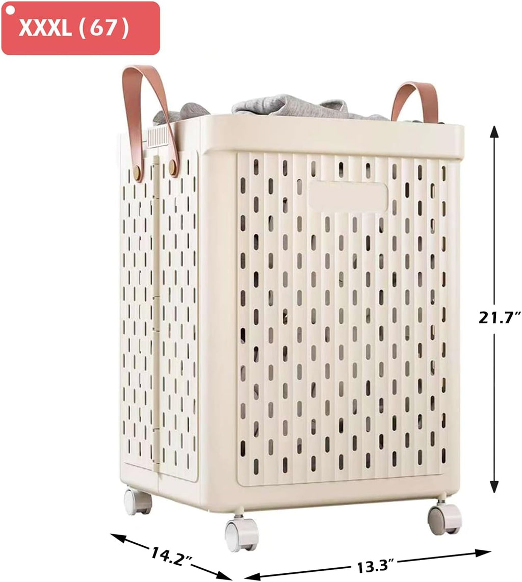 UAK Laundry Basket with Wheels, Collapsible Plastic Laundry Hamper with Handle, Foldable Laundry Basket Organizer for Laundry and Bathroom (Ivory, XXXL)