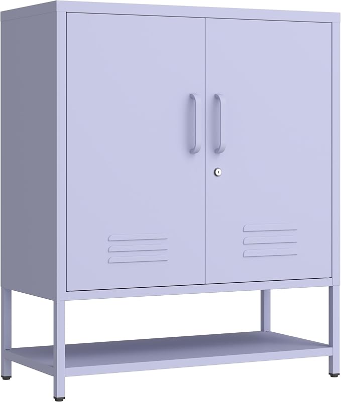 Metal Shoe Storage Cabinet with Lock, 2-Door Multifunctional Shoe Organizer with Adjustable Shelf & Bottom Shoe Rack, Freestanding Entryway Furniture, Purple 33" H X 29.5" W X 13.8" D