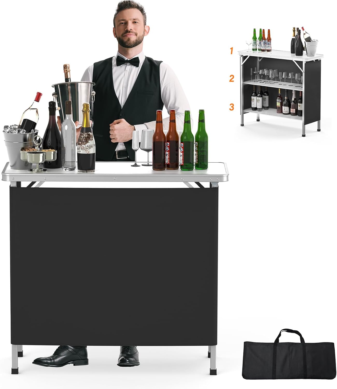 VINGLI Portable Bar Table, 3-Tier Shelves, Mobile Bar Table for Events, Party, Camping, Picnic, Tradeshow, Indoor with Black Skirt, 39 "L x 34" H