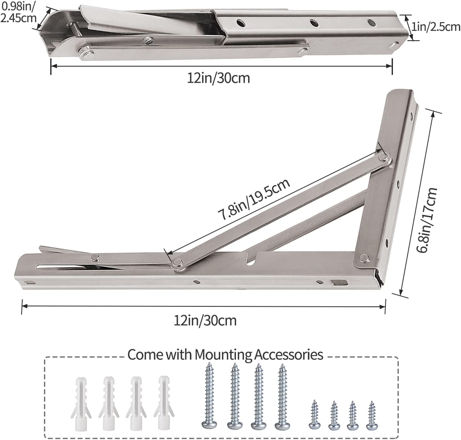 YUMORE Folding Shelf Brackets 12", Max Load: 330lb Heavy Duty Stainless Steel Collapsible Shelf Bracket for Table Work Bench, Space Saving DIY Bracket, Pack of 2