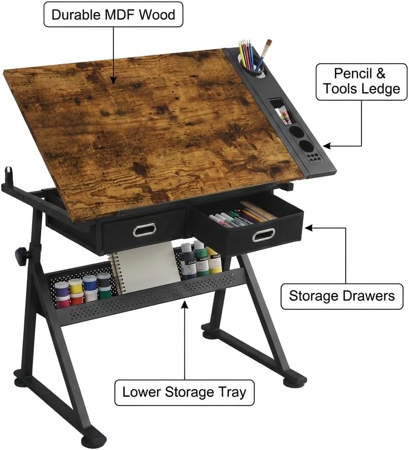 Drafting Table with Storage & Stool: Adjustable Tilting Art Desk, 2 Drawe...
