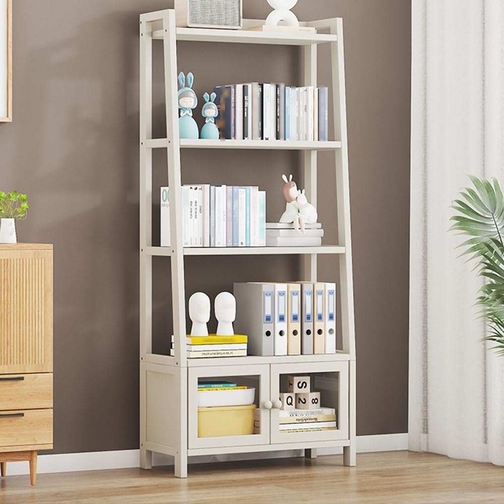 4-Tier Bamboo Ladder Shelf with Cabinet - Stylish Bookcase Organizer for Living Room, Bedroom, Kitchen, Bathroom & Office - Space-Saving Storage Solutions