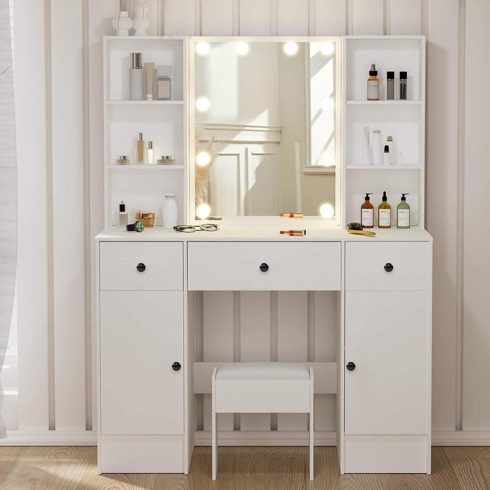 White Dressing Table with Mirror and Lights, Makeup Vanity Desk with 3 Drawer...