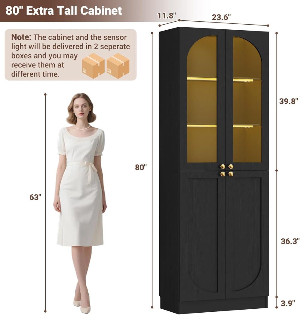 Cyclysio 80" Kitchen Pantry with 3 Motion Sensor Lights, Tall Arch Stora...