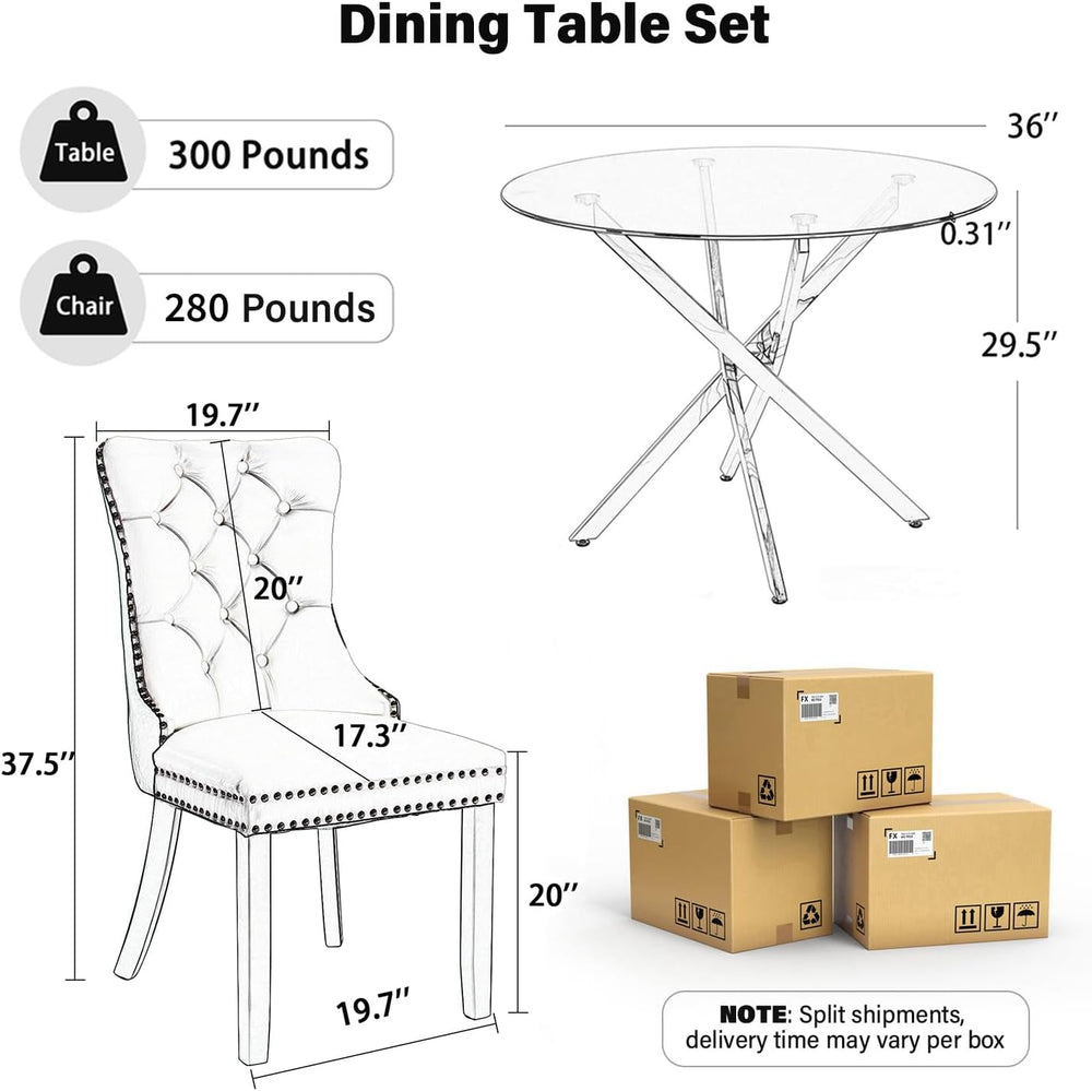 36" Luxury Glass Round Dining Table Set with 4 Velvet& PU Leather Up...