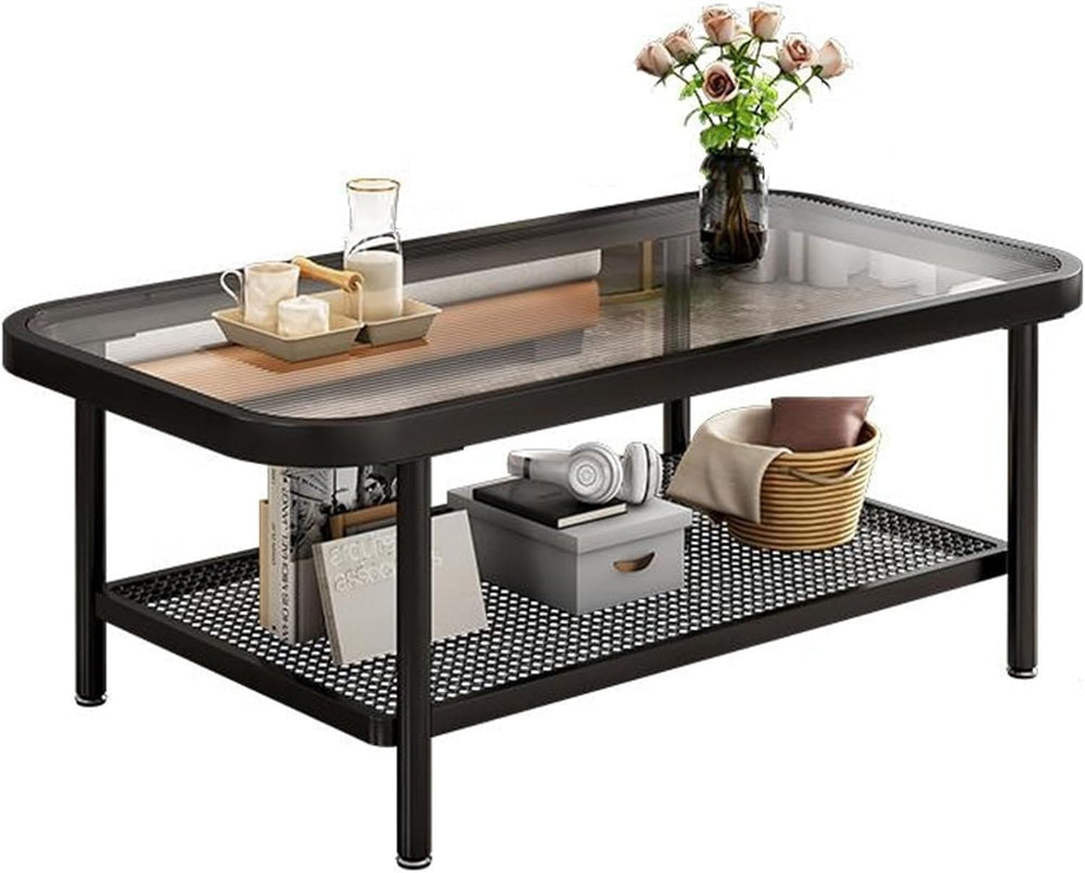 2 Tier Coffee Table, Glass Top Rectangular Coffee Table with Black Metal Fram...