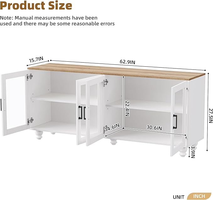 Ball & Cast Farmhouse TV Stand with Tempered Glass Doors for TVs up to 70",Sideboard Buffet w/5 Solid Wood Gourd-Shaped Legs & Adjustable Shelf,Entertainment Center for Living Room,White+Natural