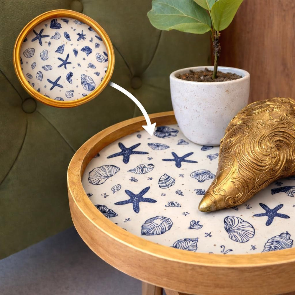 HOMORA Handcrafted Wooden Side Tables Set of 2 – Coastal Nautical Printed Top...