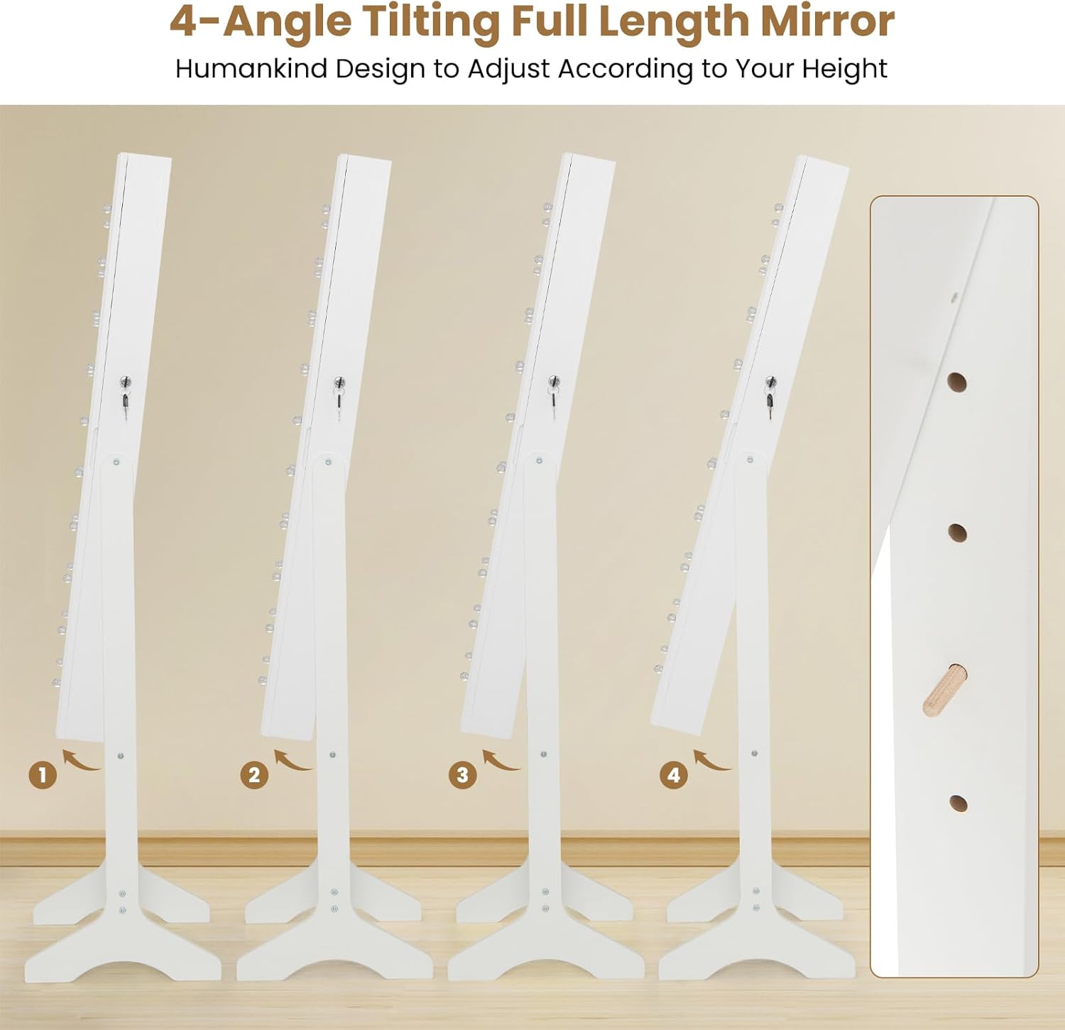 Giantex Standing Jewelry Armoire with Lighted Full Length Mirror, Lockable Jewelry Cabinet Organizer with 20 LED Lights, Adjustable Tilt, Large Storage for Earrings, Rings, Necklaces, White