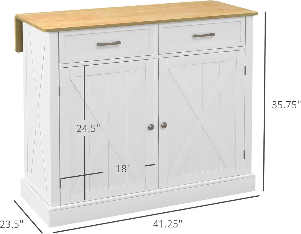 HOMCOM Rolling Kitchen Island with Drop Leaf Wood Breakfast Bar, White | Farm...