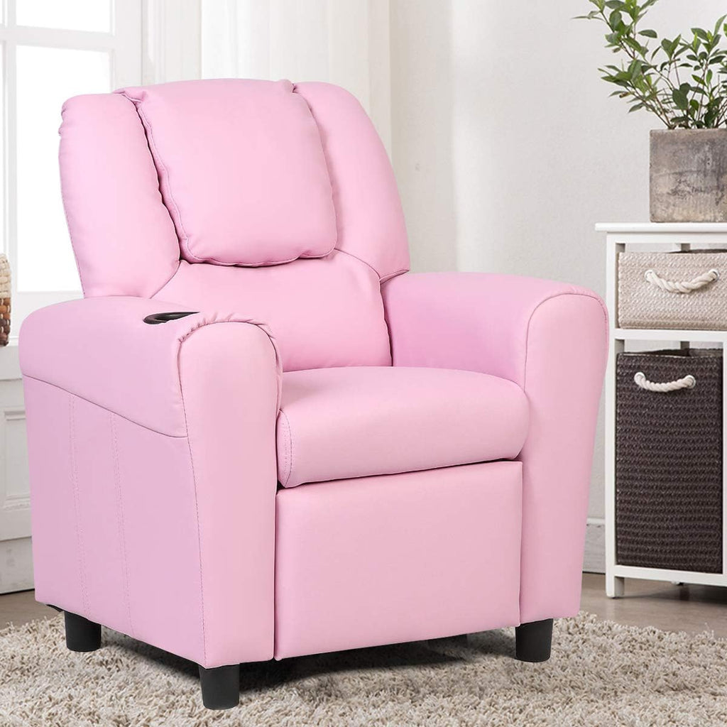 Kids Recliner chair, toddler Armchair Upholstered Couch with Cup Holder, Backrest, baby Leather sofa with Headrest and Footrest, Child Furniture for Ages 2-7(Pink)