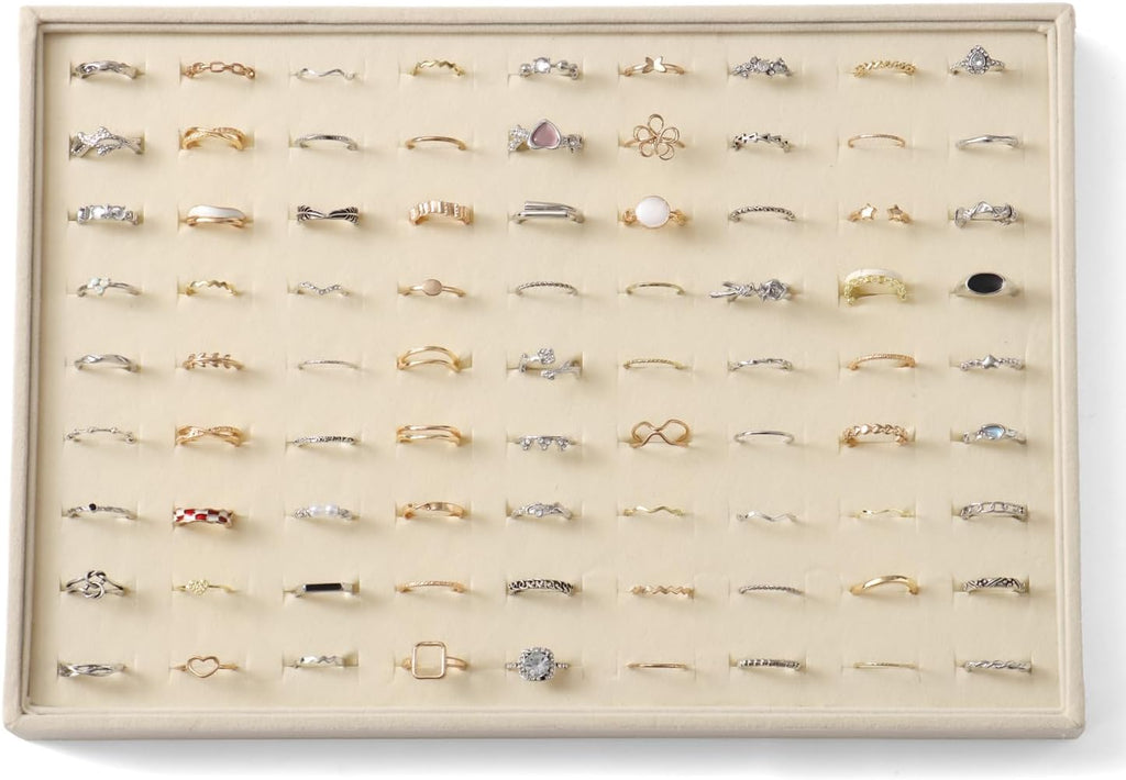 Large Jewelry Organizer for Drawer Insert Velvet Stackable Jewelry Trays for Earring Necklace Bracelet Ring Display (Beige, Ring 100 Slots)