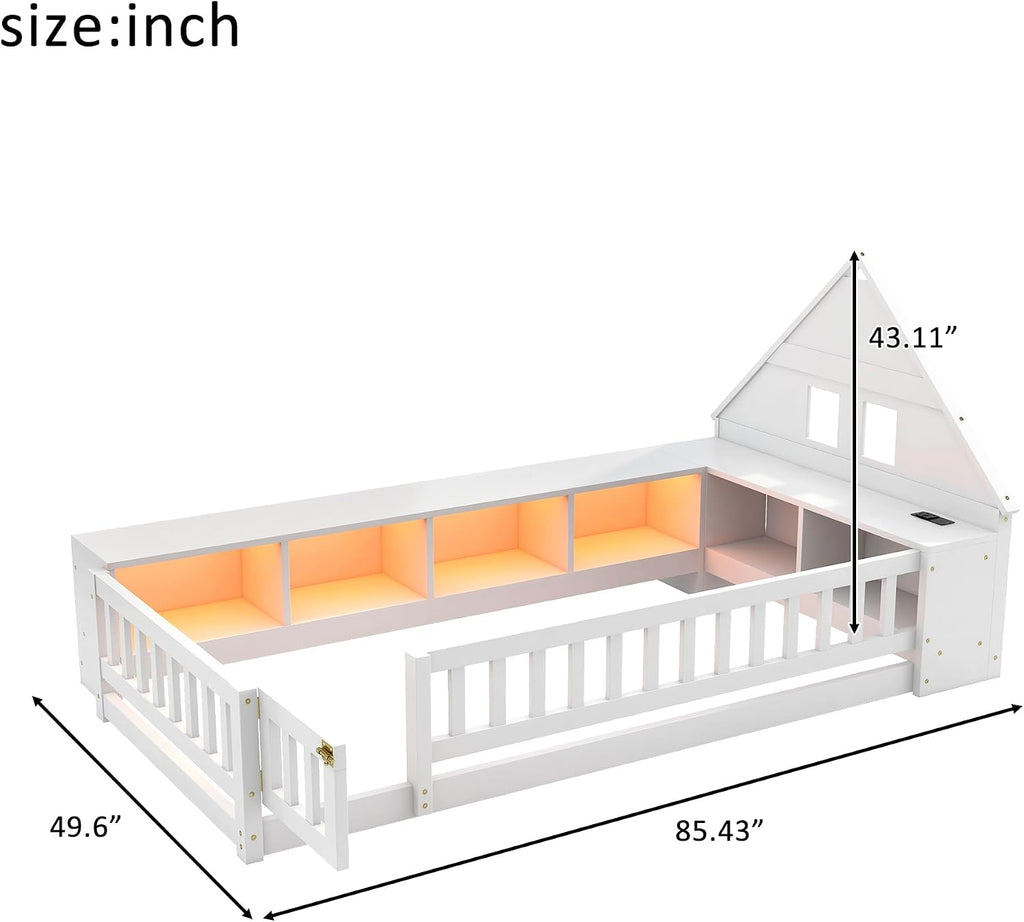 Twin Size Floor Bed with House-Shaped Headboard, Guardrail and Cabinet (White)