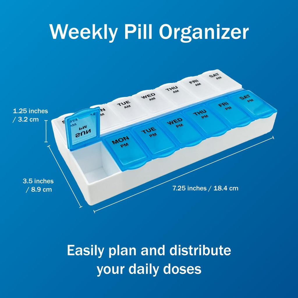Amazon Basic Care (7-Day) AM/PM Pill Organizer, Vitamin Case, And Medicine Box, Large Compartments, 2 Times a Day, Blue and Clear Lids