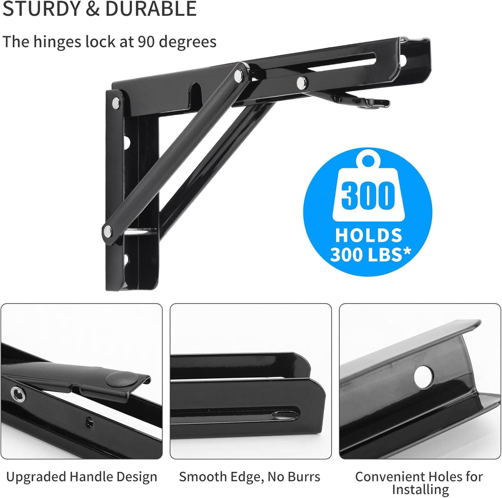 YUMORE Folding Shelf Brackets, 8 Inch Heavy Duty Collapsible Shelf Bracket, Black DIY L Bracket for Workbench Folding Table Hinge, Max Load: 300lb, 2 Pack