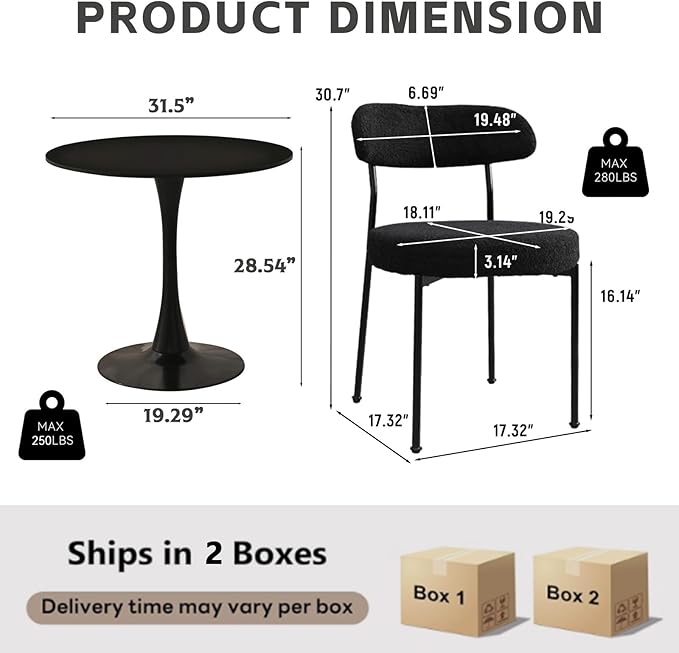3-Pieces 31.5" Round Dining Table Set for 2, Black Dining Table & Boucle Upholstered Dining Chairs Set of 2 for Kitchen Dining Room Apartment Small Space(All Black Chairs)