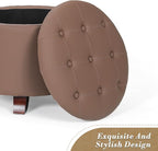 Athena Collection 20 Inch Small Ottoman with Storage, Round PU Leather Storage Ottoman with Removable Lid, Stylish Footstool Foot Rest for Living Room, Bedroom, Dorm, Brown