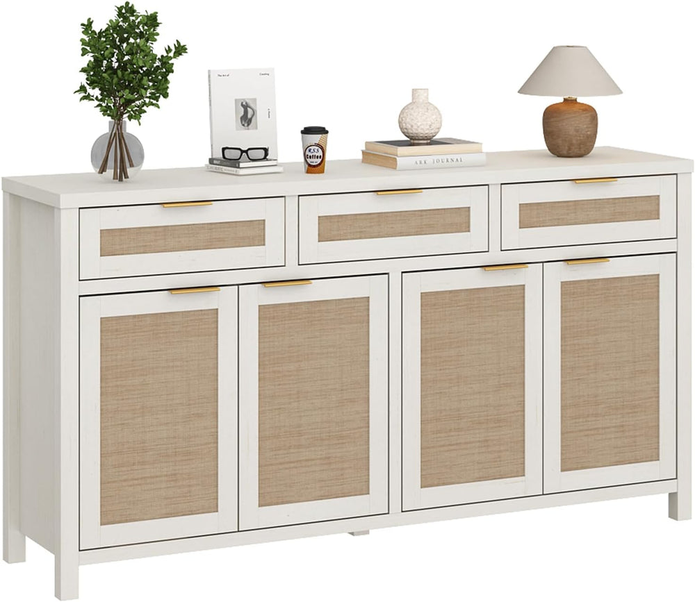 HOKYHOKY Rattan Sideboard Buffet Cabinet, Boho Storage Cabinet with Adjustabl...