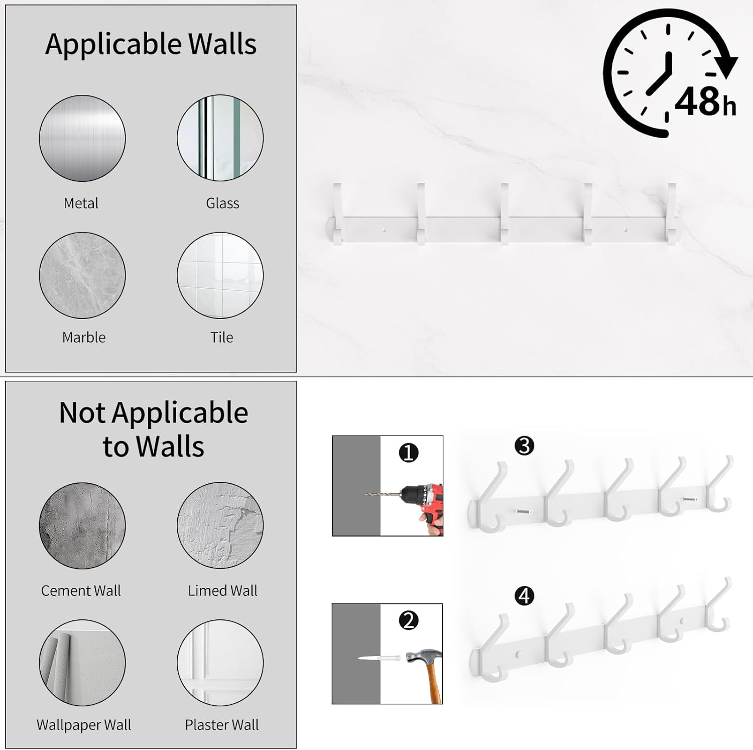 Coat Rack Wall Mount,17.3 in Wall Hooks for Hanging, Coat Hanger Wall Mount Towel Rack Hat Rack for Wall with 5 Hooks for Entryway, Bedroom, Bathroom (White,5Hooks-2Pack)