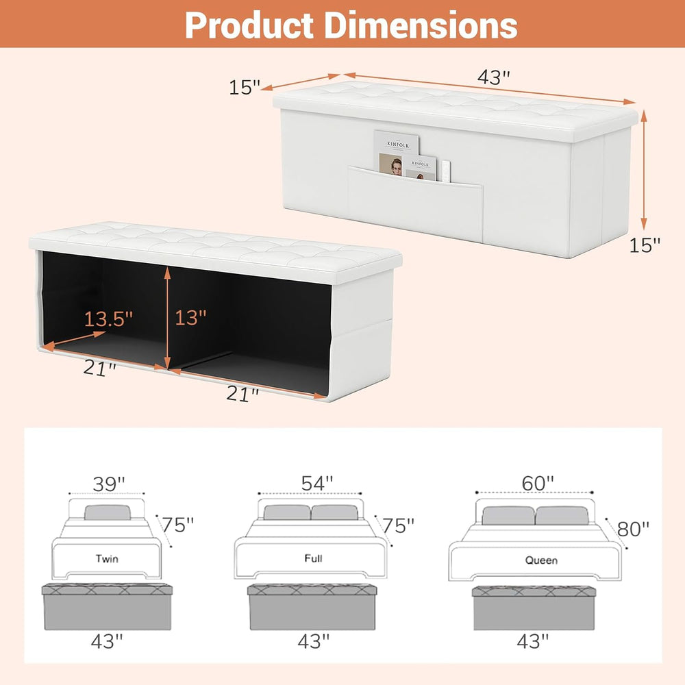 43 Inches Folding Storage Ottoman Bench, Foldable Foot Rest Stool End of Bed ...