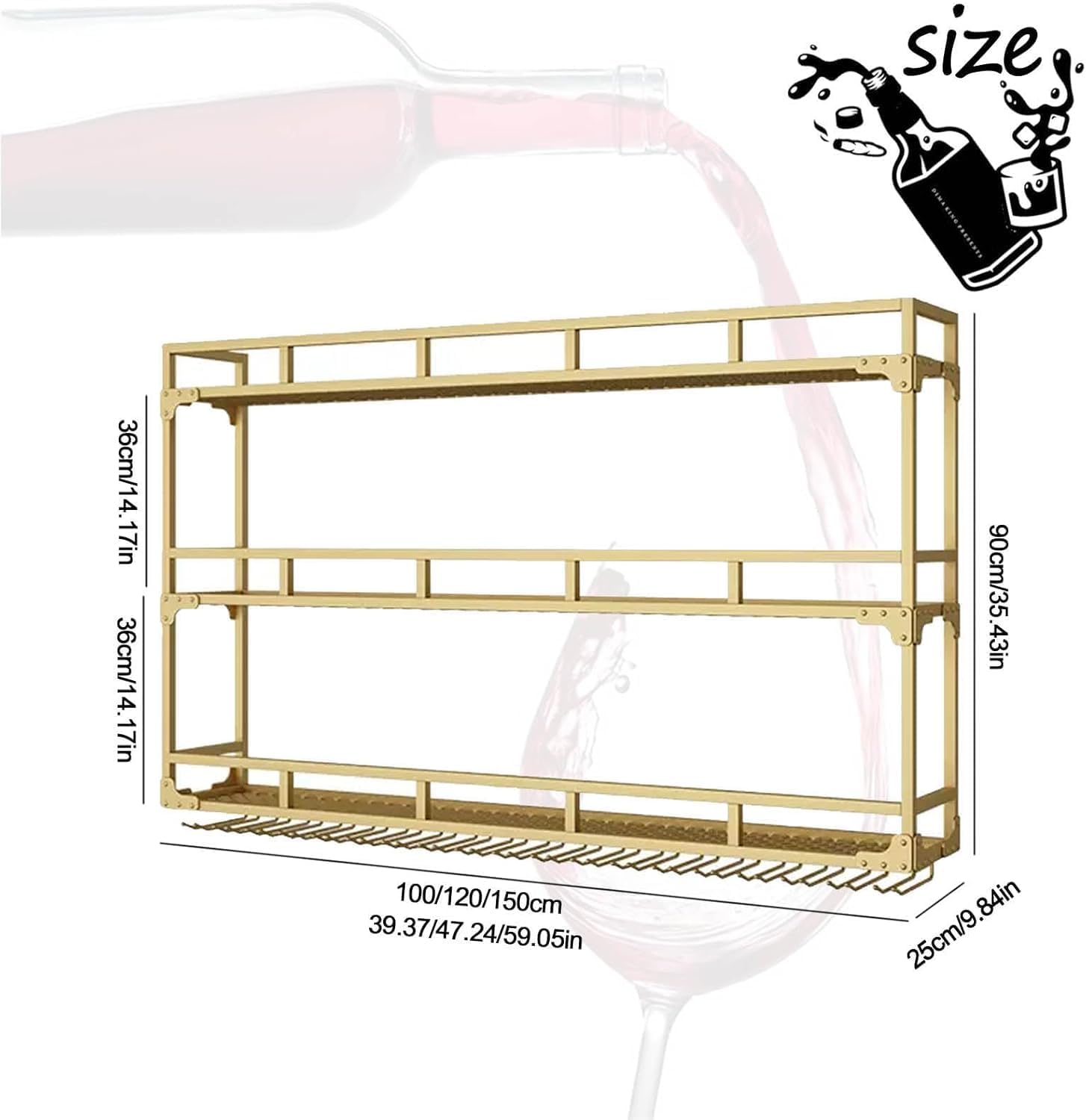 Wall Mounted Wine Rack, Floating Industrial Liquor Glass Holder 3 Tiers, Large Metal Wine Bottle Display Rack Hanging Shelf, for Home Bar Dining Room Decorative (Gold, 47.24x35.43x9.84in)
