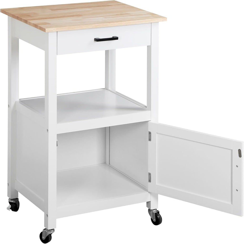 ZENY Rolling Kitchen Island Cart with Storage Cabinet and Shelf, Kitchen Cart with Drawer on Wheels, Small Home Coffee Bar, Microwaves Stand with 3 Side Hooks for Dining Room, White