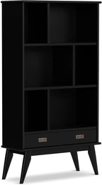 SIMPLIHOME Draper Bookcase - 64 inch Tall Solid Hardwood Wide Storage Bookshelf in Black, Mid-Century Modern Storage for Living Room, Study Room or Office with Adjustable Shelves and Tapered Legs