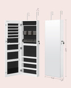 SONGMICS Jewelry Cabinet Armoire, Lockable Wall-Mounted Organizer Unit with 2 Plastic Cosmetic Storage Trays, Full-Length Frameless Mirror, Christmas Gift, White UJJC001W01