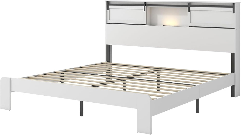 Peanu King Bed Frame, Charging Station, White Metal Storage Headboard