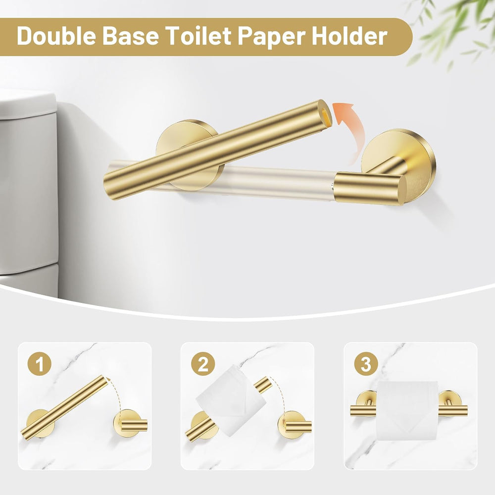 Brushed Gold Bathroom Hardware Set, Toilet Paper Holder, Towel Ring & Hooks