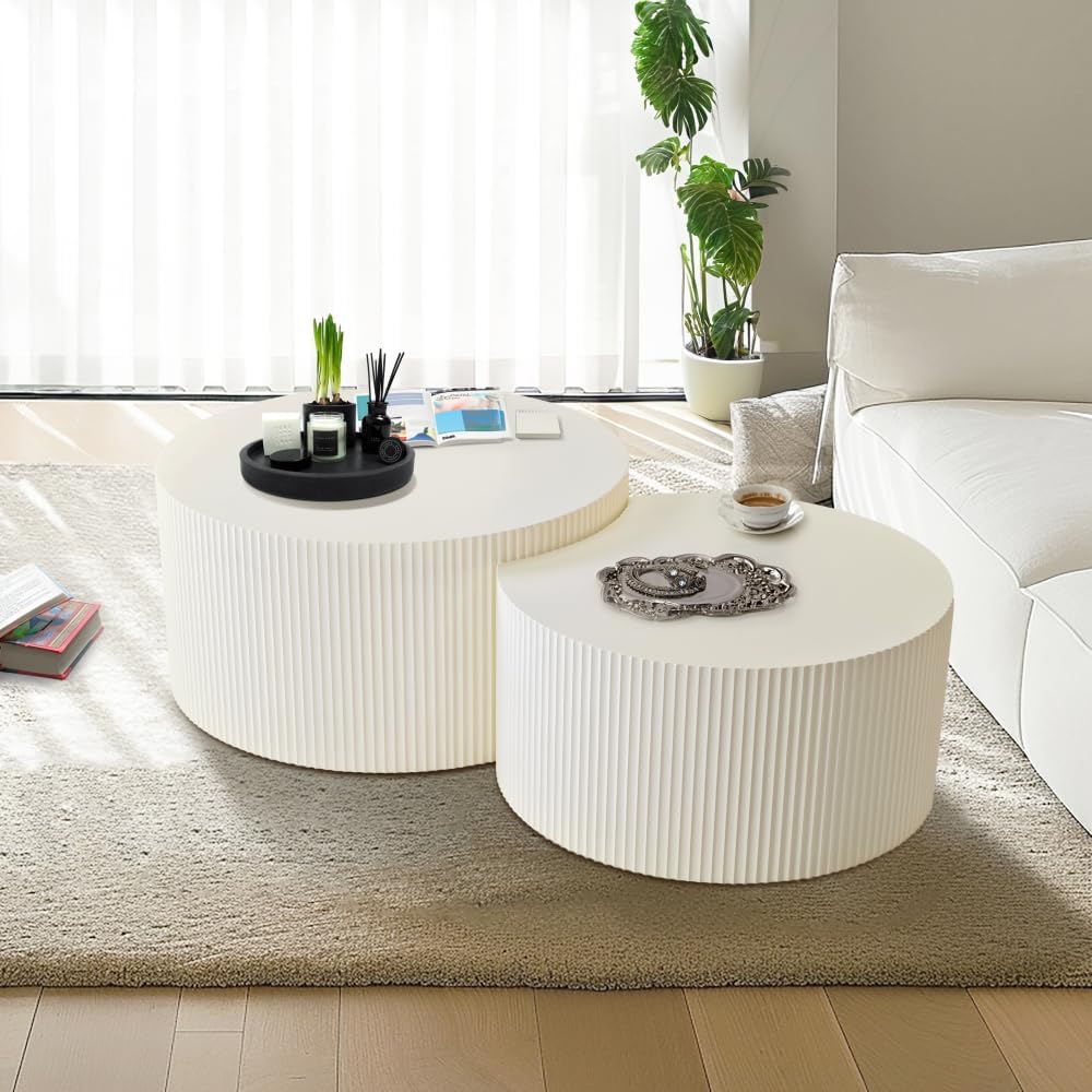 Brilluxa Nesting Coffee Table Set of 2, Vertical Stripe Design, Beige | Two-P...