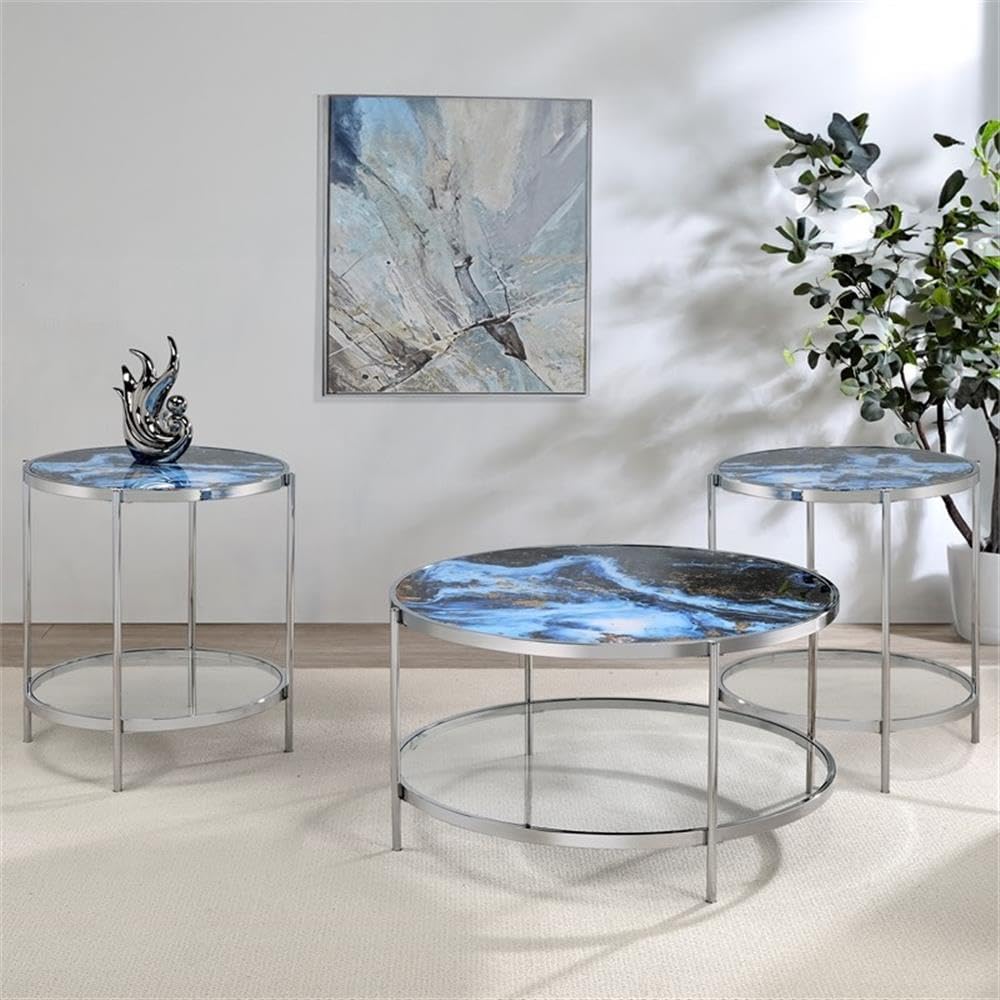 Pemberly Row 3-Piece Coffee & End Table Set, Engineered Wood, Blue Faux M...