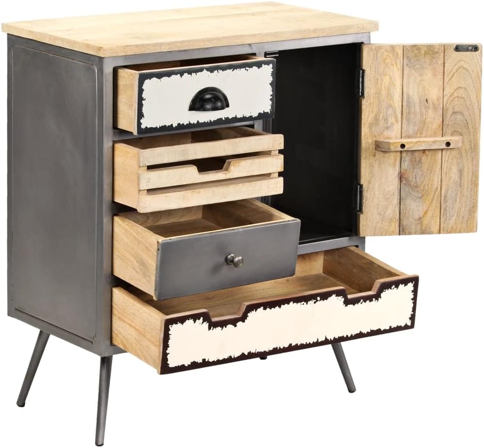 Mid-Century Modern Sideboard in Natural Mango Wood with Steel Accents, 4 Draw...
