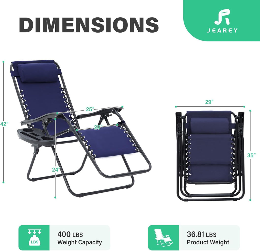 JEAREY Oversized Zero Gravity Lounge Chairs Set of 2, Adjustable Steel Mesh Recliners with Pillows and Cup Holder Trays for Patio, Garden, Beach, Navy Blue
