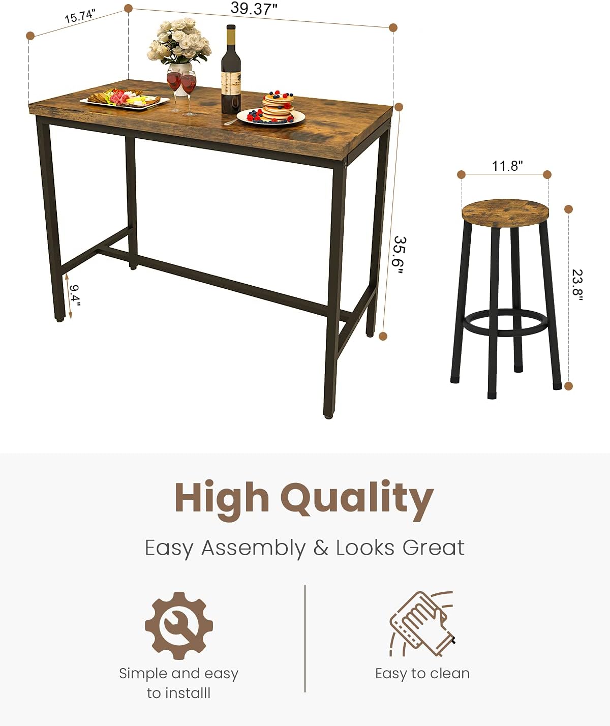 Recaceik 3 Piece Pub Dining Set, Modern bar Table and Stools for 2 Kitchen Counter Height Wood Top Bistro Easy Assemble for Breakfast Nook Living Room Small Space Restaurant, Rustic Brown 39