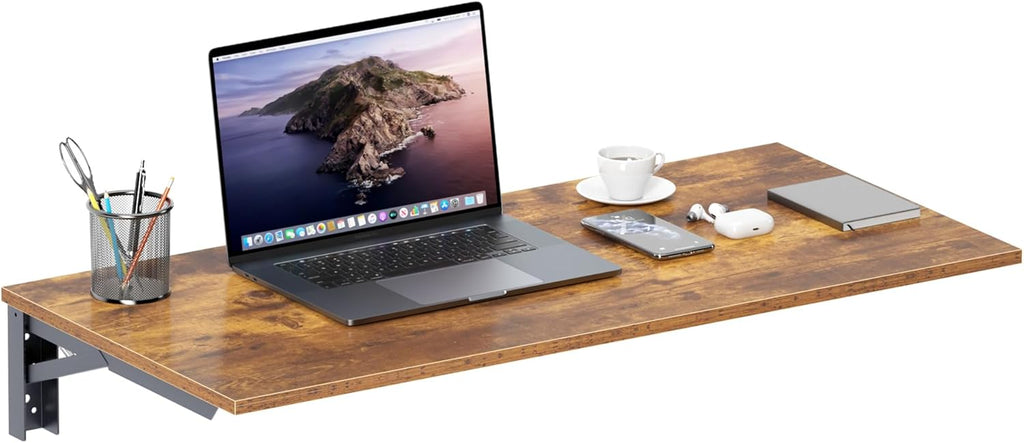 Need Wall Mounted Desk - Heavy Duty Folding Work Table Length 36" Width 20"/Small Space Hanging Desk Perfect Addition to Home/Office/Kitchen & Dining Room Rustic Brown AC15-9050FG-ND