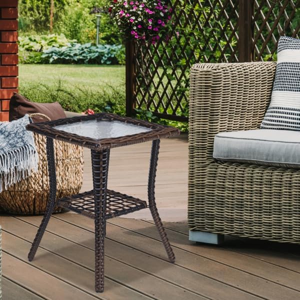 Outdoor Wicker Side Table, Rattan End with Glass Top, Patio Coffee Bistro for...