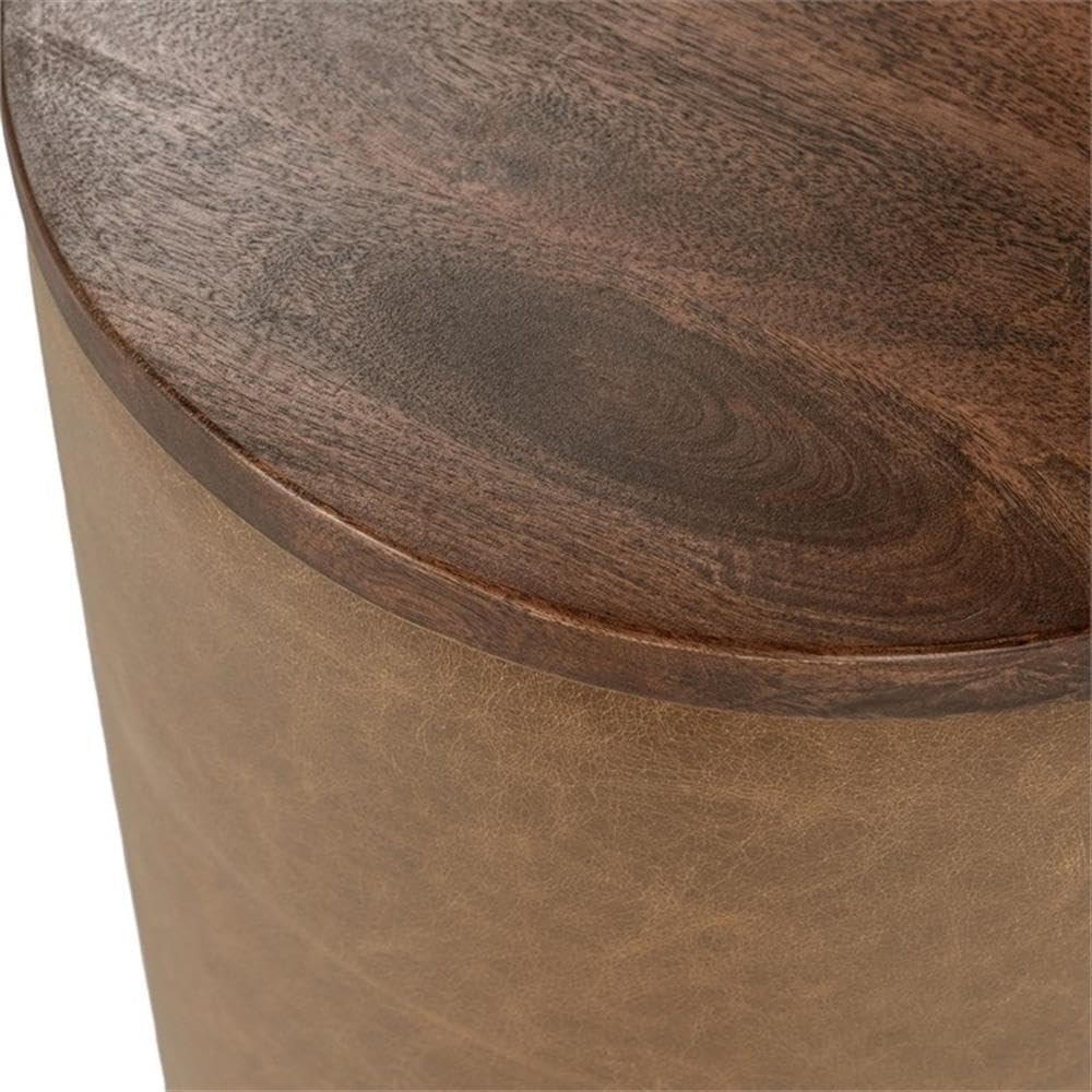 Pemberly Row Mango Wood Leather Wrap Accent End Table, Chestnut Finish, 16Wx1...