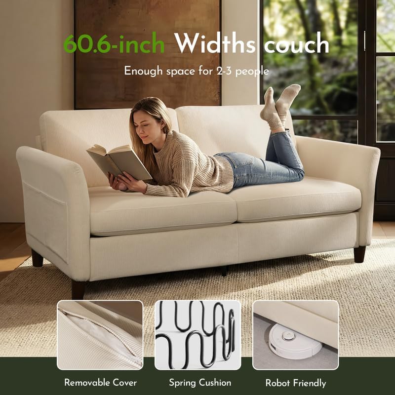 61" Comfy Corduroy Loveseat Sofa Couch,Beige | Mid Century Modern Love Seats with Removable Cover,Side Pockets,Solid Wooden Frame for Living Room, Bedroom and Small Spaces