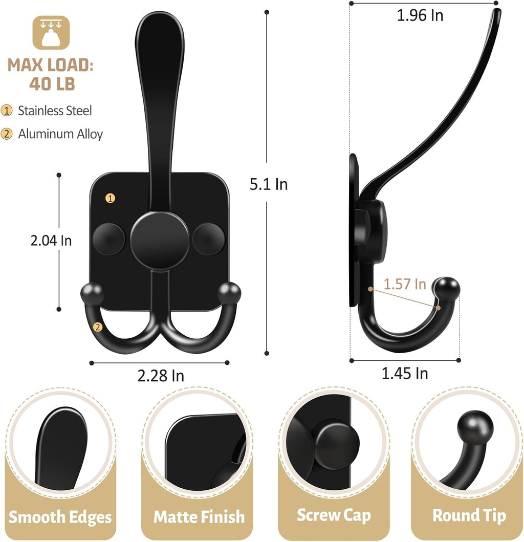 VIS'V 3 Prong Coat Hooks Wall Mount, Metal Self Adhesive Entryway Wall Hooks, 2 Mount Options, Black, 4 Pcs