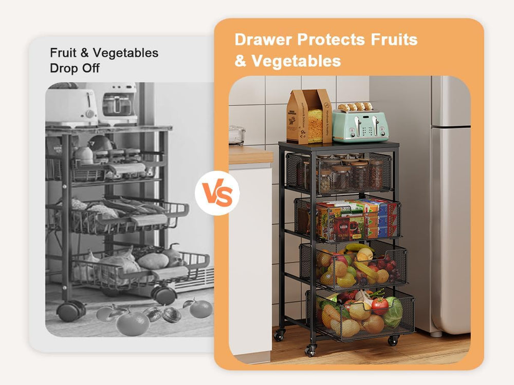 4-Tier Fruit Vegetable Storage Cart - Kitchen Organizer and Storage Cart with...