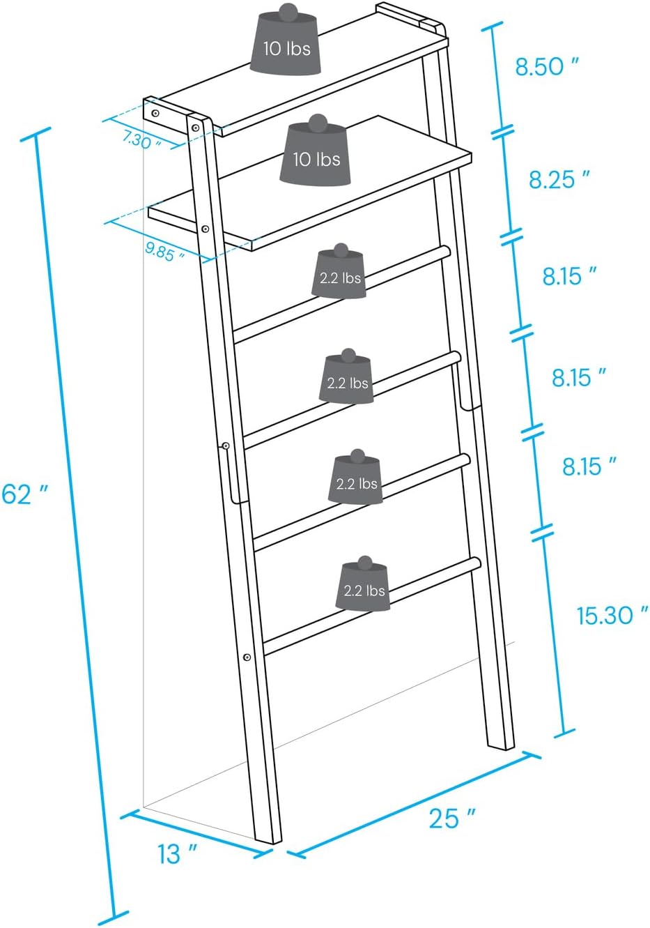 Space Saving 100% Solid Wood 6-Tier Blanket Ladder with Two Storage Shelves - Walnut