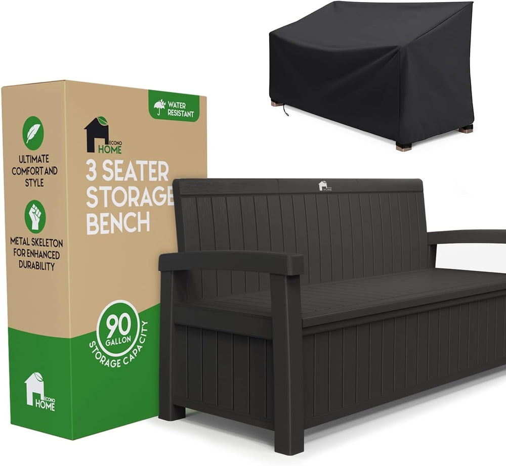 EconoHome 3 Seat Outdoor Storage Bench with Rain Cover - 90 Gallon Capacity -...