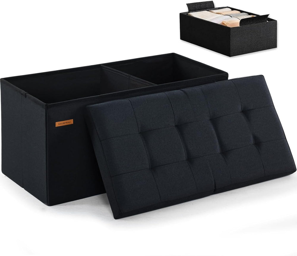 HAUSFRAU Ottoman with Storage Bench Folding Foot Rest Stool Linen Black | 31....