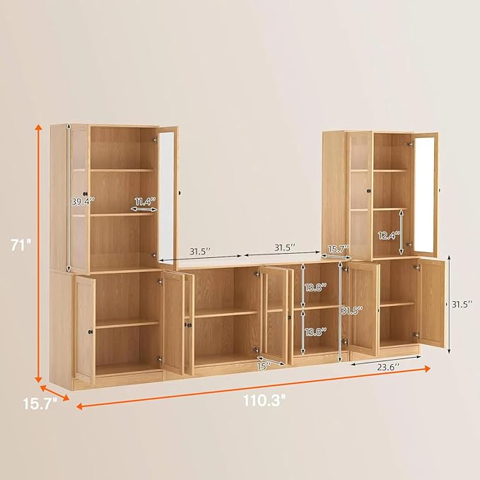 TUSY 71" TV Stand Storage Set - 2 Tall Bookcases & 2 Side Cabinets, Media Console with Glass & Wood Doors, Entertainment Center with Drawers, Tall Media Console for Living Room (Wood, ADDA)