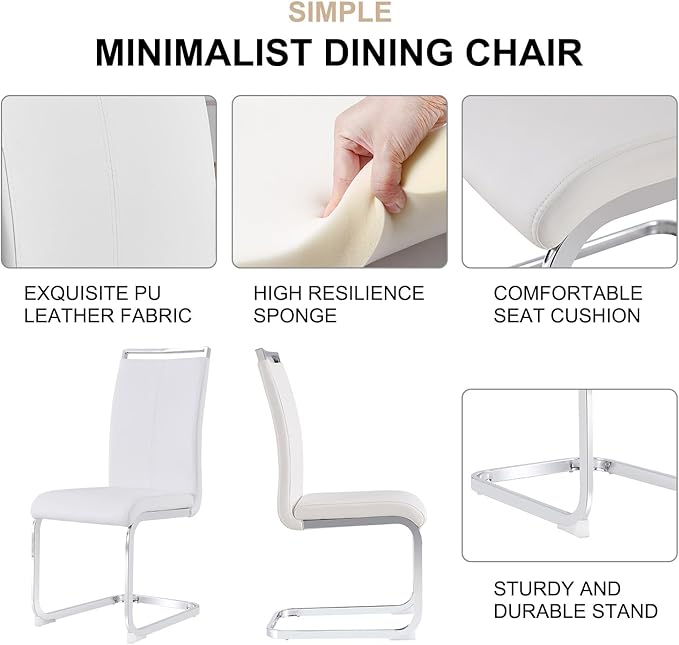AZmac Modern Leather Dining Chairs Set of 2,Armless Kitchen Chairs,Dining Room Chairs with Upholstered Padded Seat and Sturdy Silver Chrome Legs for Dining Room,Kitchen (Set of 2, White)