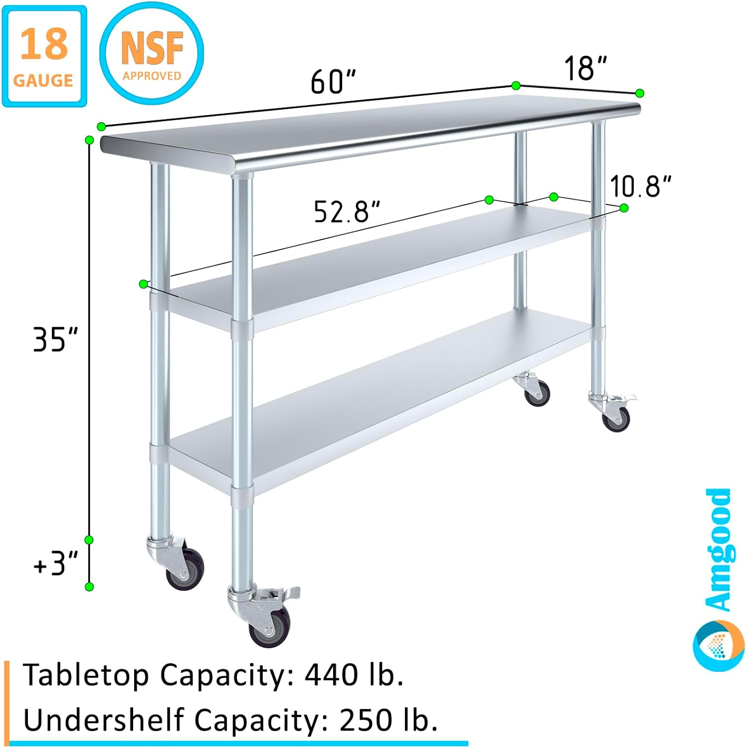 AmGood Stainless Steel Work Table with 2 Shelves and Casters | Metal Utility Table On Wheels (Stainless Steel Work Table with 2 Shelves + Casters, 60" Long x 18" Deep)