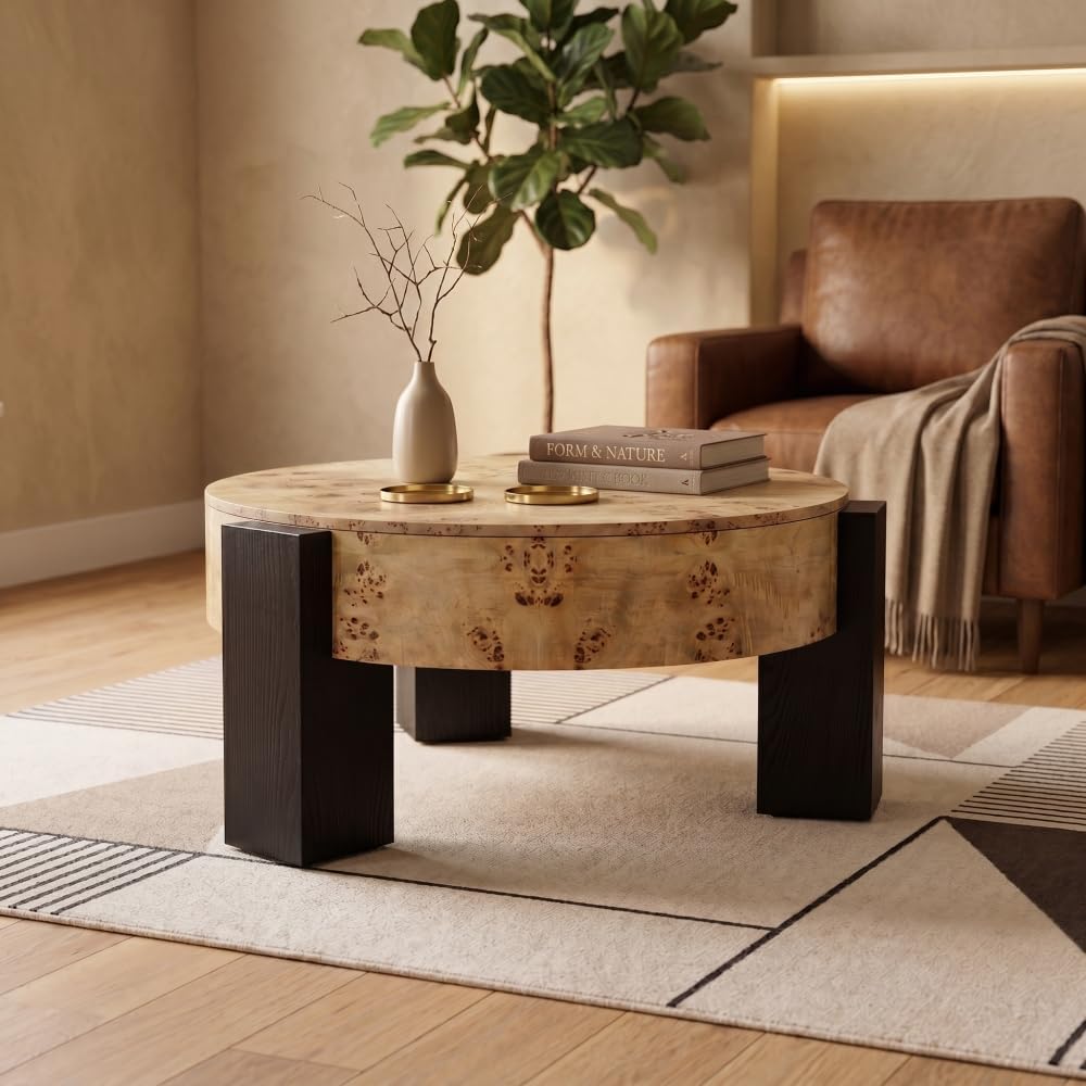 33'' Round Burl Wood Storage Coffee Table, Organic Modern Hidden Comp...